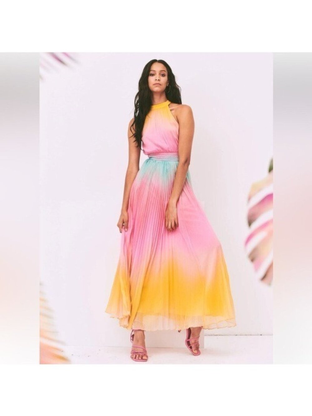 Rococo Sand Zale Halter Maxi Dress Sz M Pink Rainbow Ombre Boho Coastal Vacay - Picture 3 of 13